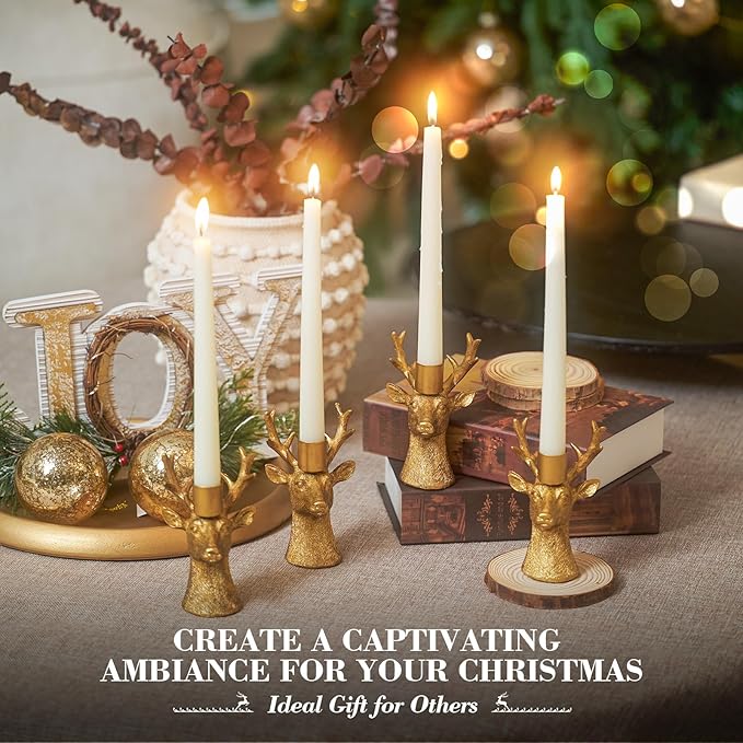 Candlestick Holders Vintage Reindeer Candle Holders, Brass Gold Deers Candle Stick Holders Set of 4 for Table Centerpiece, Mantel & Dining Table Wedding Decor, Festive Christmas Home Decoration
