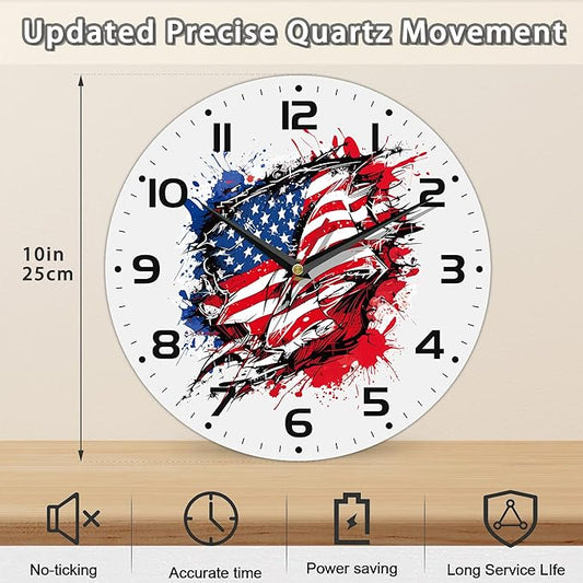 American Flag Street Art Style Wall Clock Silent Non-Ticking Battery Operated Clock 10 Inch, Home Decor for Living Room, Kitchen, Bedroom and Office