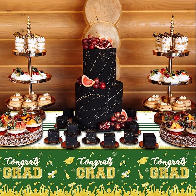 chiazllta Set of 3 Graduation Tablecloths Class of 2025 Congrats Grad Green Graduation Party Tablecover Decorations Party Supplies Large Size Plastic 54"x108"(Green & Gold)