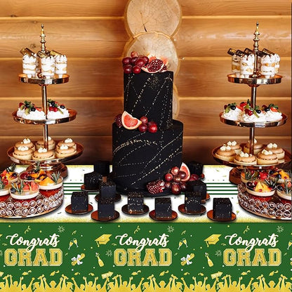 chiazllta Set of 3 Graduation Tablecloths Class of 2025 Congrats Grad Green Graduation Party Tablecover Decorations Party Supplies Large Size Plastic 54"x108"(Green & Gold)