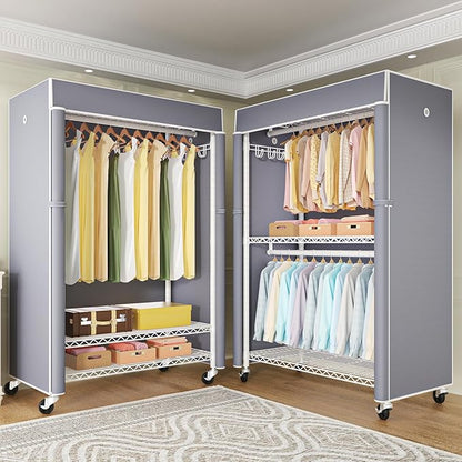 White Clothing Rack with Grey Cover, P1C Plus Rolling Closets with Wheels, Metal Garment Rack for Hanging Clothes, Clothing Storage Wardrobe, 46" W x 18.5" D x 80.7" H, Load 524 Pounds