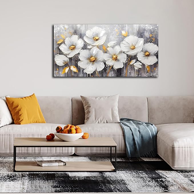 CIRABKY Flower Wall Art for Bedroom - White Wall Decor - Gold Wall Art for Living Room Office Artwork Canvas Pictures Size 20" x 40"
