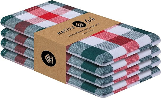 Native Fab Gingham Check Kitchen Towels 4 Pack 16x26 Inches - 100% Cotton, Soft, Absorbent Tea Towels & Kitchen Hand Towel for Drying, Cleaning & Reusable Dishcloths Set - Red, Green, White