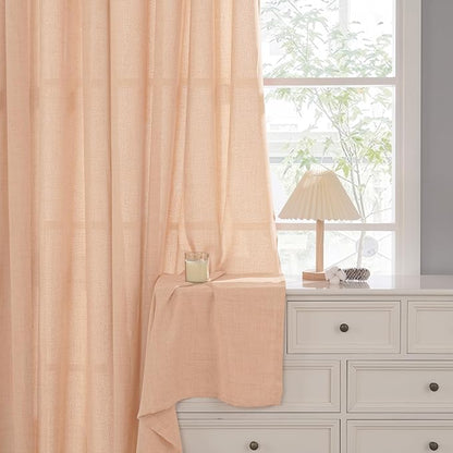 YoungsTex Peach Linen Curtains 45 Inches Long for Short Window, Semi Sheer Textured Drapes with Bronze Grommet Privacy Light Filtering for Kitchen Bedroom, 42 x 45 Inch, 2 Panels