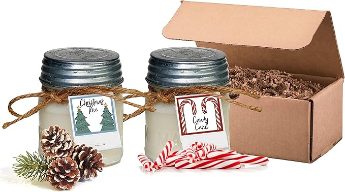 Aira Soy Christmas Candle Gift Set - Organic, Kosher, Vegan in Mason Jar w/Therapeutic Grade Essential Oils - Hand-Poured 100% Soy Candle Wax - No Paraffin - Christmas Tree & Candy Cane - 8 Ounce x 2