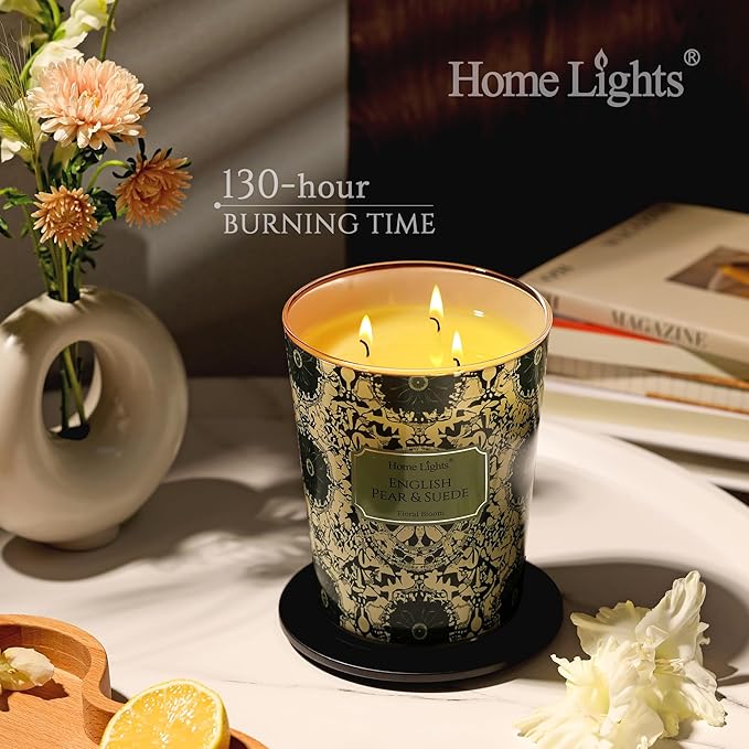 HomeLights Scented Candles | Large Jar 34 Oz Natural Soy Candle | 130 hrs Long-Lasting with 3 Wicks | Bohemian Natural for Home Decor | Gifts for Mom & Women, English Pear & Suede