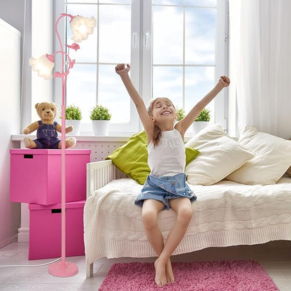 HMVPL Pink Flower Floor Lamp, Floral Standing Lamp with 2 LED 5W Blubs, Foot Switch, Modern Corner Tall Lamp with Acrylic Shade, Girls Cute Floor Lamp for Living Room Bedroom Office Kids Reading