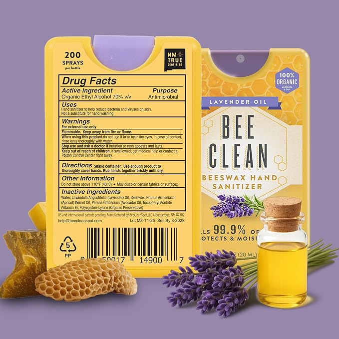 Organic Beeswax Hand Sanitizer Spray - 4-Pack (Lavender Oil), Travel Size Mist Spray with Organic Ethyl Alcohol, Moisturizing and Refreshing with Essential Oils, Non-Toxic, Made in the USA
