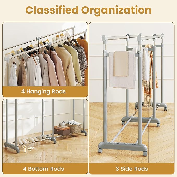 Tangkula Extendable Double Rods Garment Rack, Rolling Clothing Organizer with Adjustable Height & Width, Portable Closet Rack with Wheels, Heavy Duty Foldable Metal Clothes Rack for Bedroom & Laundry