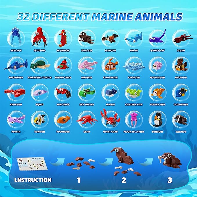 32 Pack Marine Animals Building Blocks - 846PCS Kids Party Favors Educational Toy, Goodie Bag Stuffers Classroom Prizes, Valentines Easter Birthday Gifts for Boys Girls 6-12