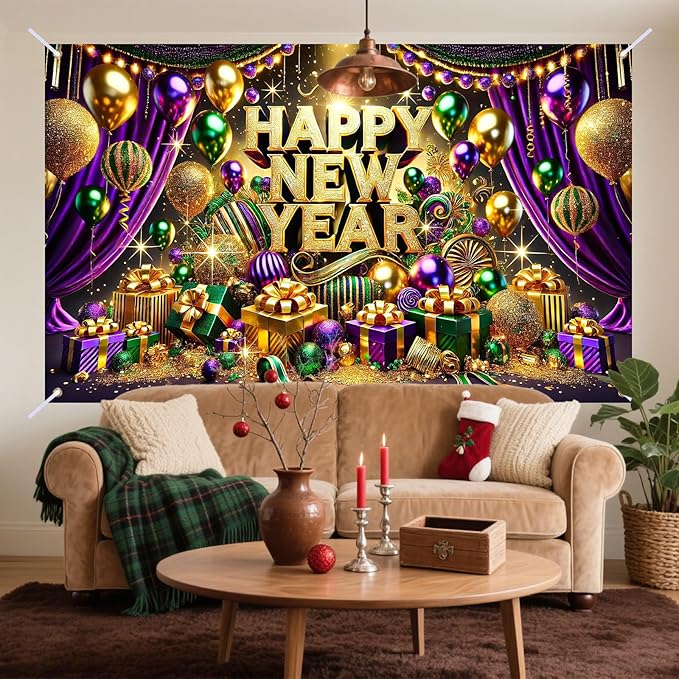 Nuxovilar Happy New Year Banner, Purple Drape Golden Ornaments Backdrop for Party Decorations, 71x43 Inch