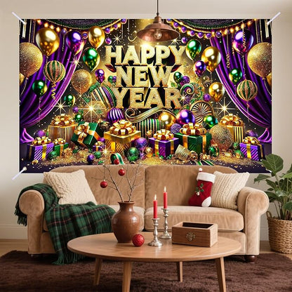 Nuxovilar Happy New Year Banner, Purple Drape Golden Ornaments Backdrop for Party Decorations, 71x43 Inch