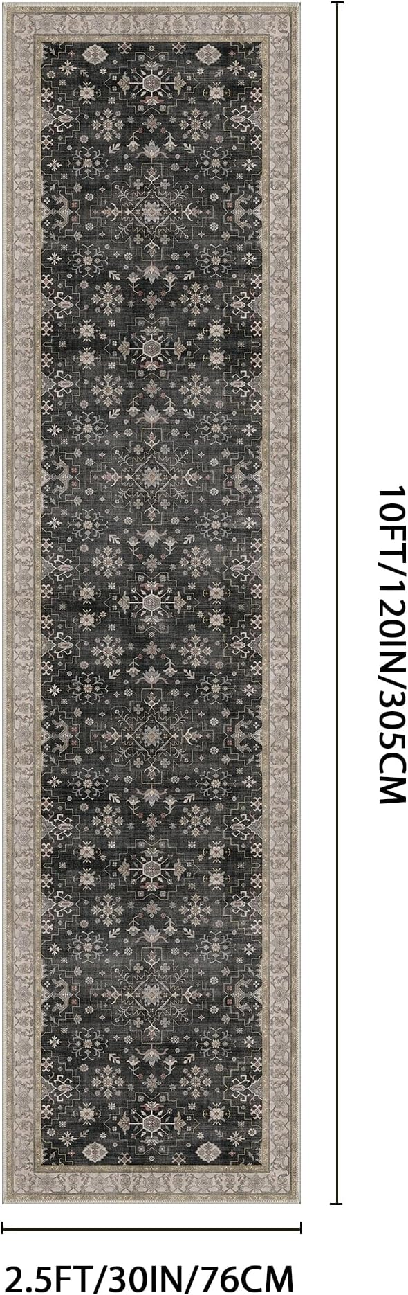 GENIMO 2'5x10 Runner Rug,Machine Washable Non-Slip Vintage Rugs,Low Pile Lightweight Carpet for Bedroom,Hallway,Entryway,Kitchen,Bathroom,Black
