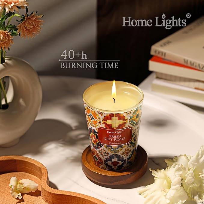 HomeLights Large jar Candle | 1-Wick Long-Lasting Scented Candles, 6.7oz Natural Soy Wax Candle for Home Scented, Bohemian Natural Textures Gifts for Women & Men, Fresh Cut Roses