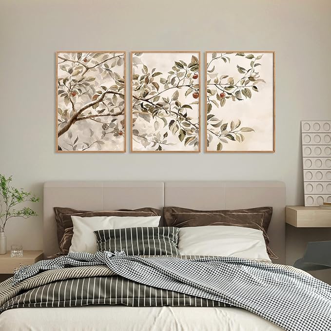 HLNIUC Apple Tree Vintage Framed Wall Art Set, Botanical Branch Canvas Wall Decor, Rustic Farmhouse Leaves Wall Painting, Retro Nature Plant Art Print for Living Room, Bedroom, Office - 24"x36"x3