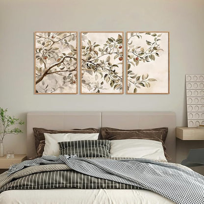 HLNIUC Apple Tree Vintage Framed Wall Art Set, Botanical Branch Canvas Wall Decor, Rustic Farmhouse Leaves Wall Painting, Retro Nature Plant Art Print for Living Room, Bedroom, Office - 24"x36"x3
