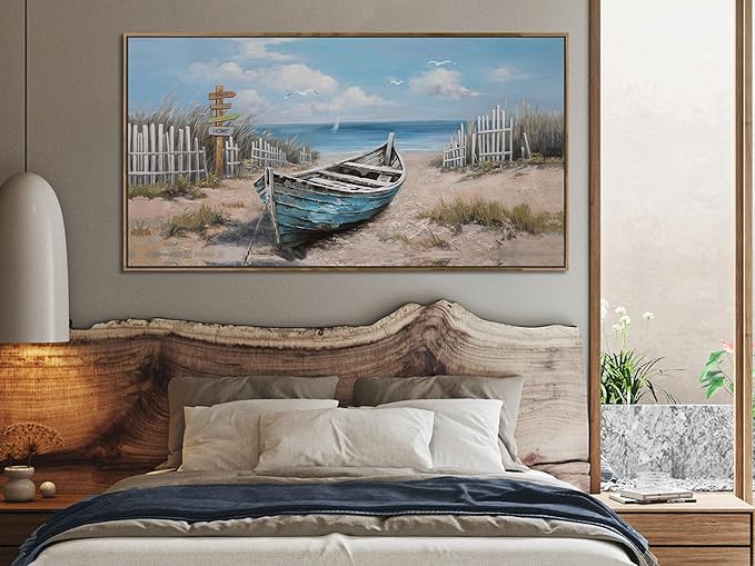 Ardemy Boat Canvas Wall Art Extra Large Framed Coastal Beach Bedroom Pictures Wall Decor Living Room Seascape Paintings Wall Decor Textured Artwork for Kitchen Dining Room Home Office, 58"x29"