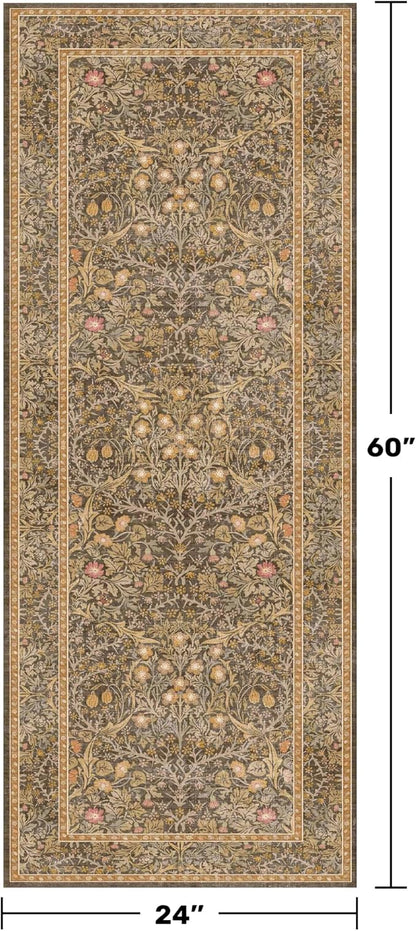 Non Slip 2x5 Gold Brown Bathroom Runner Rug - Small Runner Rugs, Washable Kitchen Floor Mat, Bedroom, Laundry Room, Hallway Runner - Vintage Oriental Décor