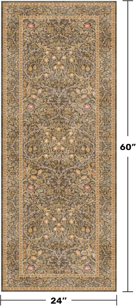Non Slip 2x5 Gold Brown Bathroom Runner Rug - Small Runner Rugs, Washable Kitchen Floor Mat, Bedroom, Laundry Room, Hallway Runner - Vintage Oriental Décor