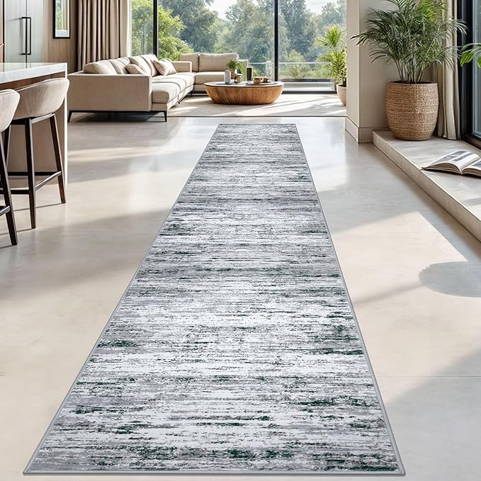 Modern Abstract Runner Rug 2.6x18, Black Grey White Washable Long Kitchen Runner Non-Slip Soft Hallway Rug Runner Thin Print Faux Wool Carpet for Entryway Bedroom Laundry Room Indoor Home Decor