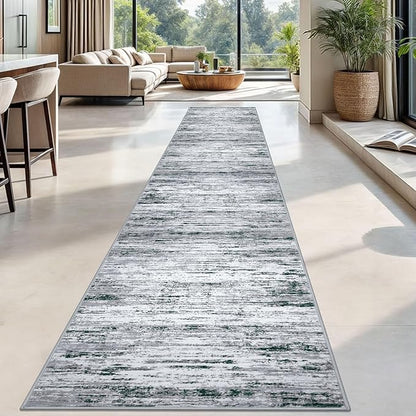 Modern Abstract Runner Rug 2.6x18, Black Grey White Washable Long Kitchen Runner Non-Slip Soft Hallway Rug Runner Thin Print Faux Wool Carpet for Entryway Bedroom Laundry Room Indoor Home Decor