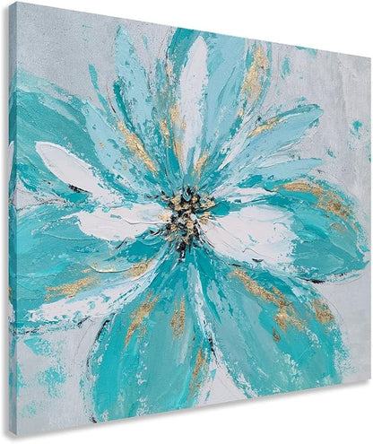 Yihui Arts Hand Embellished Floral Canvas Wall Art with Textured Details & Gold Foil Accents, Modern Teal Flower Painting for Home Decor