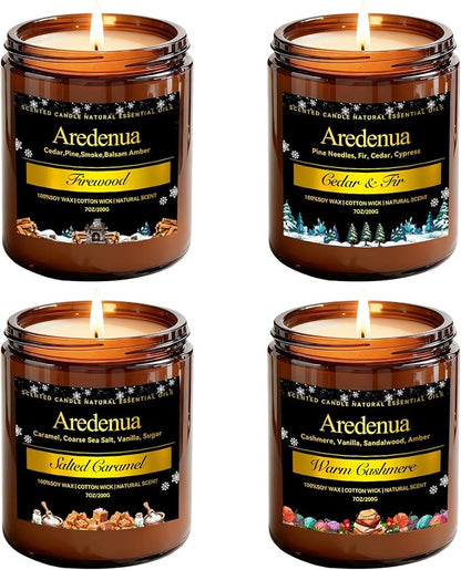 Winter Candles Set | 4 Pack Holiday Scented Candles - Cozy Winter Soy Candle Scents of Warm Cashmere/Firewood/Cedar & Fir/Salted Caramel - Christmas Candle Gifts for Women Men, Holiday Home Décor