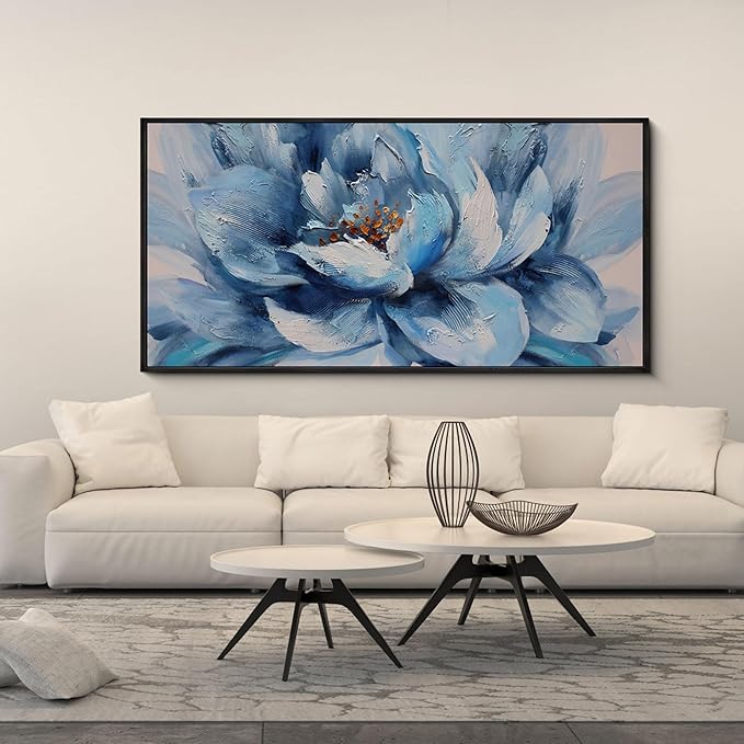 XLSJERST Large Flower Canvas Wall Art for Living Room - Blue and White Flower Picture Print Painting Wall Decor Framed Artwork Ready to Hang for Home Bedroom Wall Decoration Size 58x29
