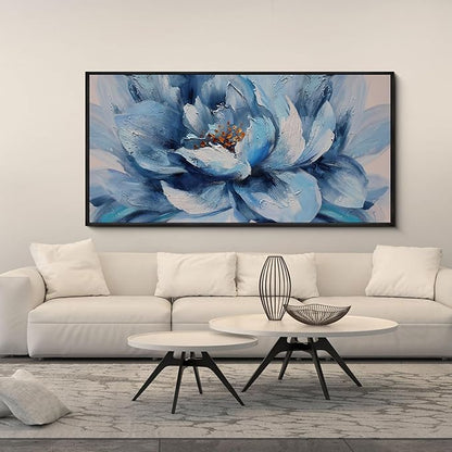 XLSJERST Large Flower Canvas Wall Art for Living Room - Blue and White Flower Picture Print Painting Wall Decor Framed Artwork Ready to Hang for Home Bedroom Wall Decoration Size 58x29