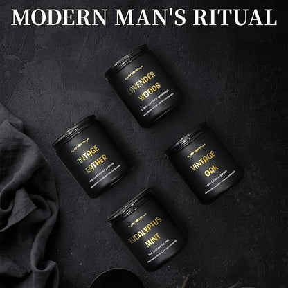 Scented Candles for Men, 4 Pack Mens Candle Set, Soy Candles for Home Scented, Masculine Candle for Him, 28oz, 200 Hours Burning Time Aromatherapy Candles of Lavender/Eucalyptus/Leather/Oak