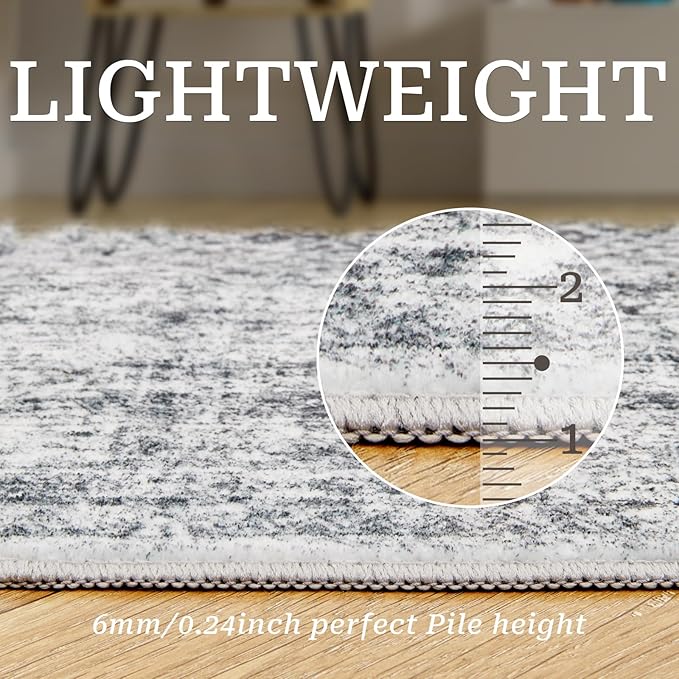 Kitchen Runner Rugs Non Skid Washable - 2.5 x 10 Runner Rug with Anti Slip Backing, Ultra-Thin Soft Rug Runner for Hallway, Bedroom, Living Room (2'x10', Grey/Ivory)