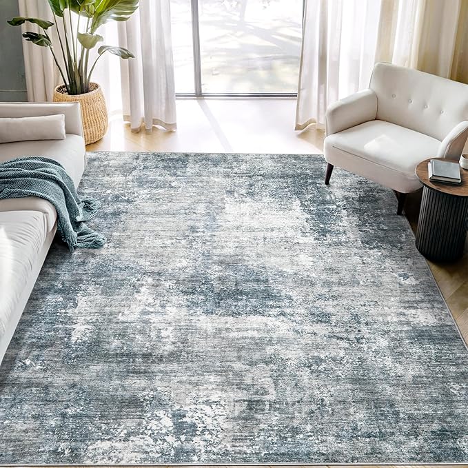 Modern Abstract Washable Area Rug - 5x7 Large Living Room Rugs Soft Stain Resistant Non-Slip Low Pile Foldable Neutral Carpet for Indoor Bedroom Dining Room Home Studio Office - Blue/Grey