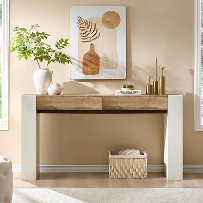 OKD Modern Entryway Console Table, Sofa Table with Drawers, 63" Long Hall Table Behind Couch, Thick Wood Design for Living Room, Hallway - Antique White