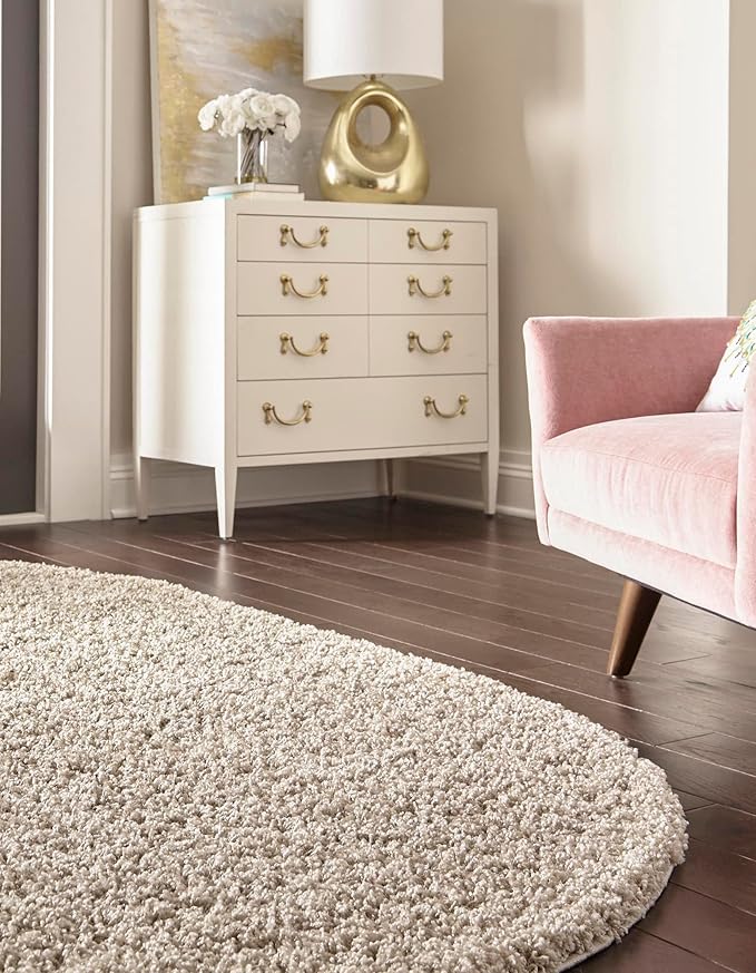 Unique Loom Solid Shag Collection Area Rug (5' 1" x 8' Oval, Taupe)