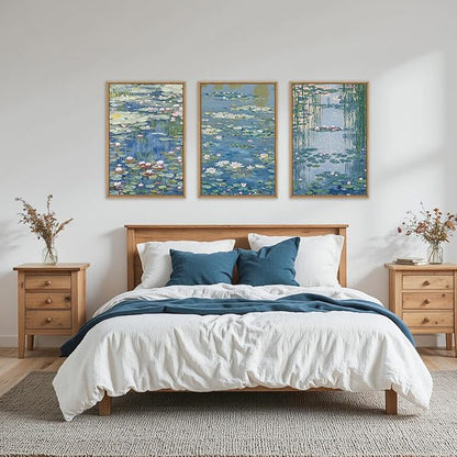 Large Nature Lilies Ponds Framed Canvas Wall Art,Impressionist Flower Wall Decor,Claude Monet Style Wall Painting,Garden Botanical Artwork for Living Room,Bedroom,Dining Room,Office -16"x24"x3