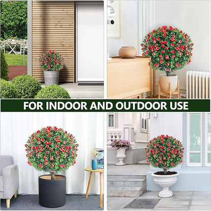 2 Set Artificial Rose Bushes for Outdoors, 27.6''H Artificial Boxwood Plants Outdoor with Spike, Faux Flowering Shrubs, UV Resistant Large Topiary Balll Trees for Porch Garden Yard Patio Decor
