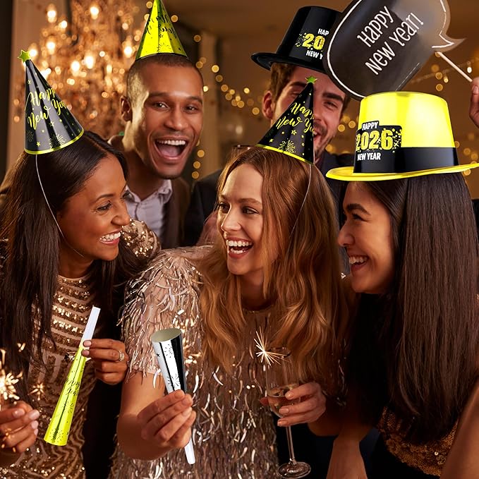 48PCS New Year's Eve Party Supplies for 24 Guests - Happy New Year Headband, Gold Black Party Favors, Cone Hats, Horns, Blowouts - Accessories in Plastic Cardboard