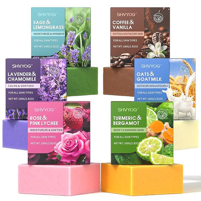 SHVYOG Natural Soap Bar Gift Set, 6PCS Soap with Organic Ingredients & Essential Oils, Cleanses & Softens Skin, Moisturizing, Gifts for Women, Body Wash & Face - 100G*6