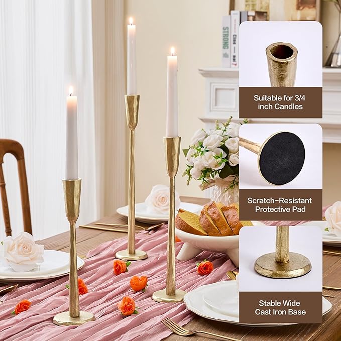 Cast Iron Taper Candle Holder Set of 3, Vintage Candlestick Holders Decorative Candle Stand, Tapered Candle Holders Tall Set for Wedding, Holiday, Home Decor, Christmas Decoration (Gold)