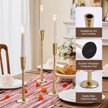 Cast Iron Taper Candle Holder Set of 3, Vintage Candlestick Holders Decorative Candle Stand, Tapered Candle Holders Tall Set for Wedding, Holiday, Home Decor, Christmas Decoration (Gold)