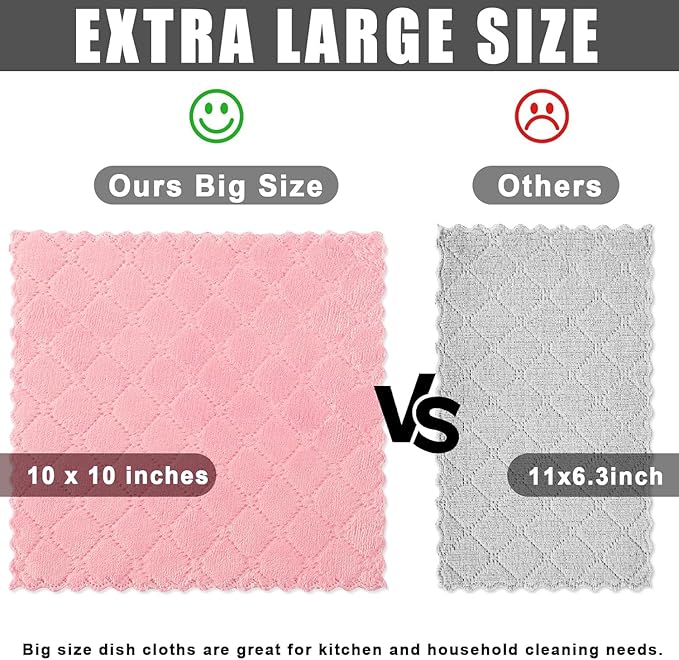 Homaxy 12 Pack Kitchen Dish Cloths (10 x 10 Inches, Pink), Super Soft and Absorbent Coral Velvet Dish Towels, Nonstick Oil Fast Drying Microfiber Cleaning Cloth, No Lint Household Dishcloths