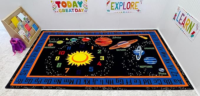 Outer Space Nylon Area Rug, 6' x 8'6", Multicolored, Educational Classroom Rug, Kids Learning Play Mat | Area Rug for Bedroom or Playroom