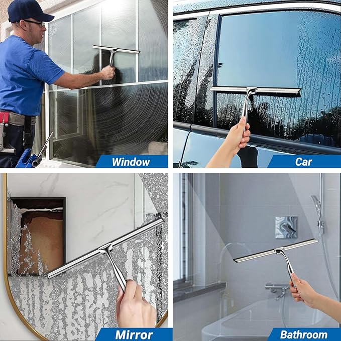 ecooe Stainless Steel Shower Squeegee with Hook, 10" (25.4cm) Shower Glass Cleaner Squeegee Wiper Scraper with 1 Replacement Blade, Window Squeege for Home Bathroom Kitchen Car Glass Doors