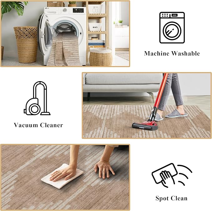 HelloTree Hallway Runner Rug，2x6 Moroccan Modern Stripe Carpet Washable Machine Bathroom Runner Bohemian Modern Soft Non Slip Indoor Rug for Entryway Hallway Laundry Room Bedroom-Pink&Khaki