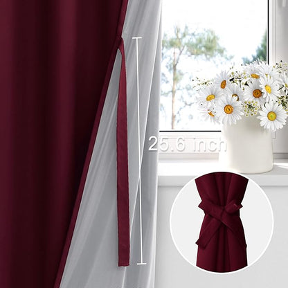 XWZO Full Shading Blackout Curtains 54 Inches Length - Heat and Light Blocking Ring Top Window Drapes with Black Liner Backing for Bedroom Sewn with Tiebacks, Burgundy, W38 x L54, Set of 2 Panels