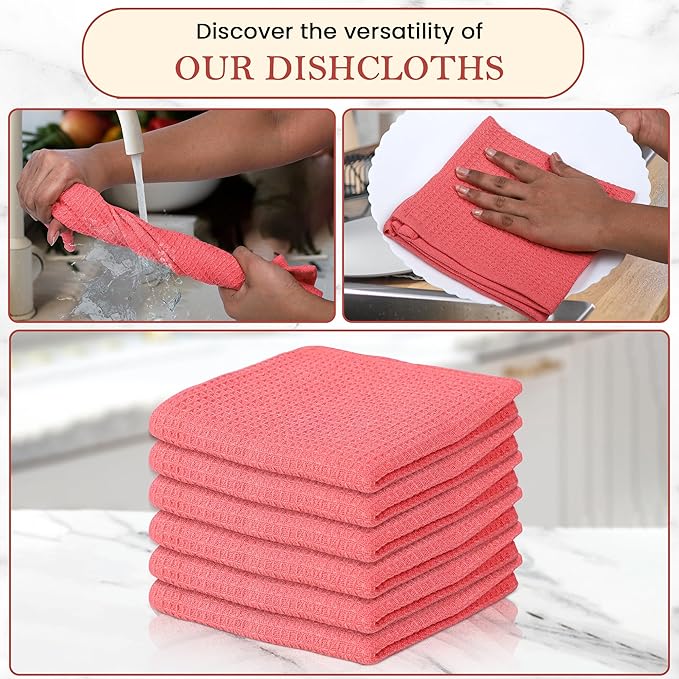 Vintage Vista 100% Cotton Waffle Dish Cloths (Pack of 6) - Dish Rags for Washing Dishes - Reusable & Highly Absorbent Kitchen Towels - Kitchen Rags for Christmas - (12" x 12" - Pink)