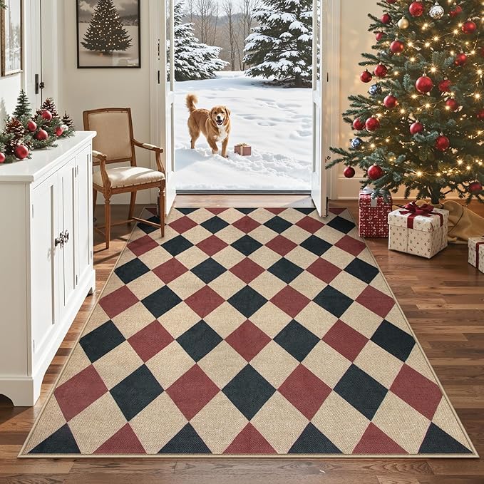 Lahome Christmas Rug, 5x7 Christmas Decor Rugs for Living Dining Room Non Shedding Washable Carpet, Checkered Black and Red Non Slip Stain Resistant Indoor Carpet for Patio Office Xmas Holiday Decor