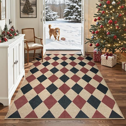 Lahome Christmas Rug, 5x7 Christmas Decor Rugs for Living Dining Room Non Shedding Washable Carpet, Checkered Black and Red Non Slip Stain Resistant Indoor Carpet for Patio Office Xmas Holiday Decor
