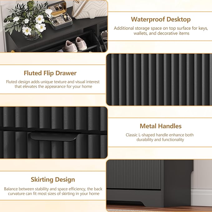 Shoe Cabinet Storage for Entryway with 4 Flip Drawers, Black Fluted Shoe Cabinet with Adjustable Shelves, Wooden Hidden Shoe Rack Freestanding Narrow Slim Shoes Storage for Hallway, Entrance