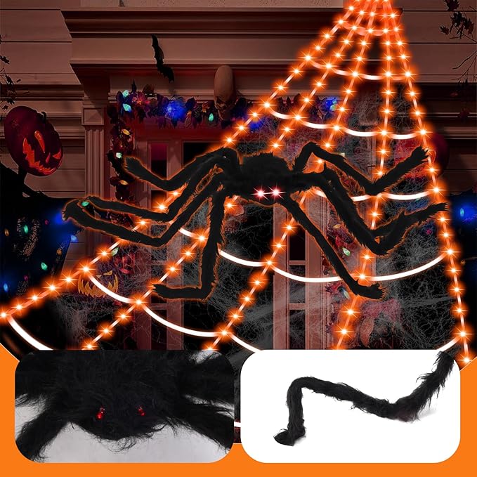 Upgrade 3 Colors Purple/Orange/Pink/Spiders Web Lights,with Single Color Always ON,11 Modes 16.4Ft 200 LED Super Bright Halloween Decorations Lights with Remote Control,49'' Giant Glowing Spider